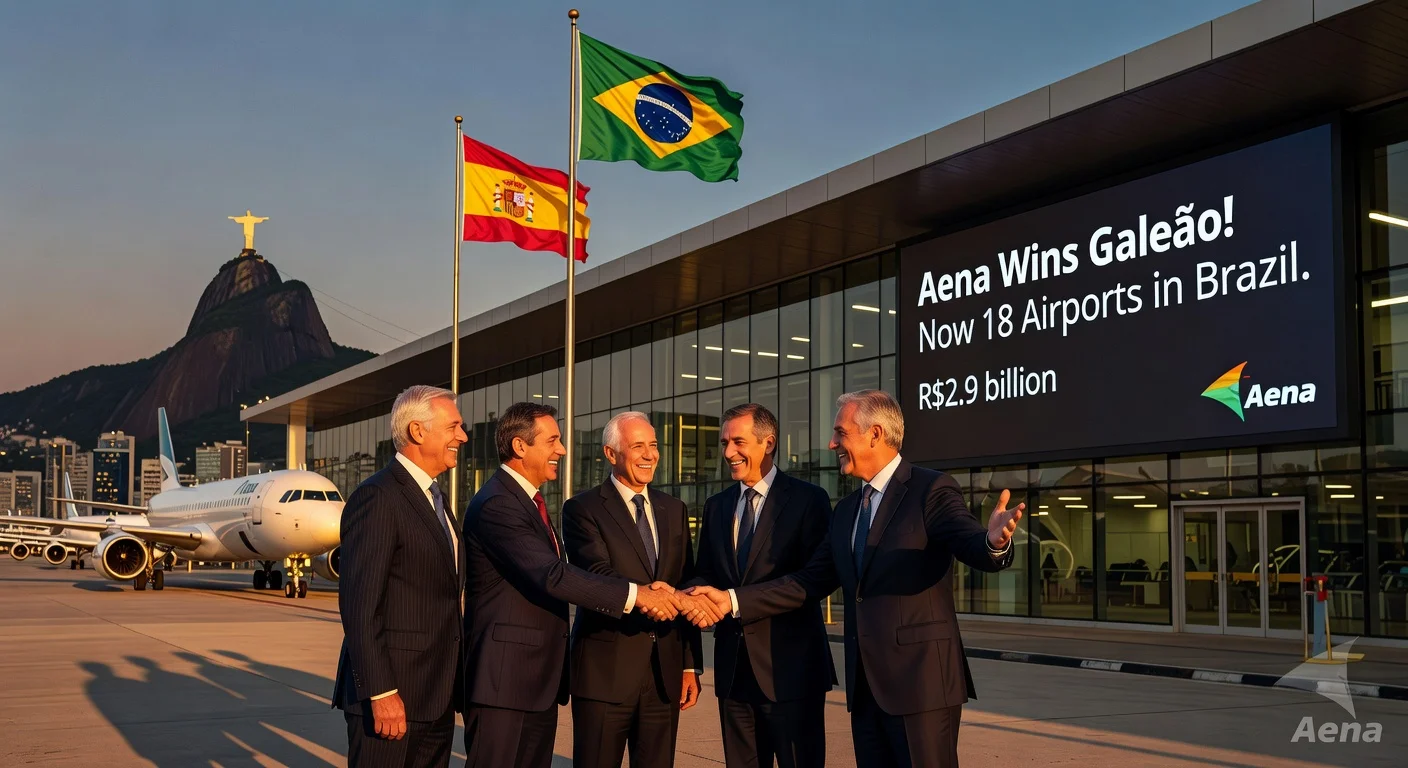 Aena executives celebrate winning bid for Galeão Airport in Rio, Brazil, now operating 18 airports nationwide, with iconic Rio landmarks.