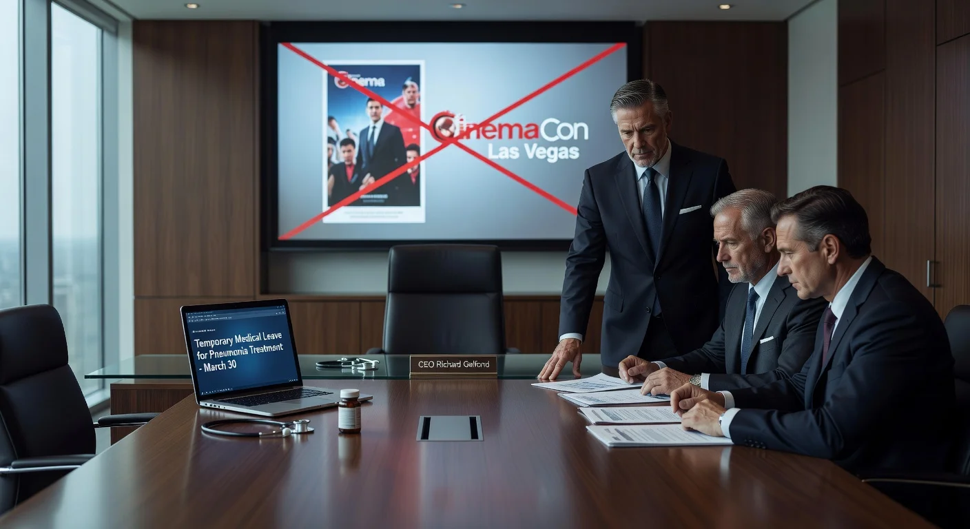 Illustration depicting Imax executives handling operations during CEO Richard Gelfond's temporary medical leave for pneumonia.