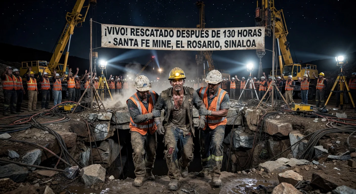 Miner José Alejandro Cástulo Colín rescued alive after 130 hours trapped 300 meters underground in Santa Fe mine, Sinaloa.