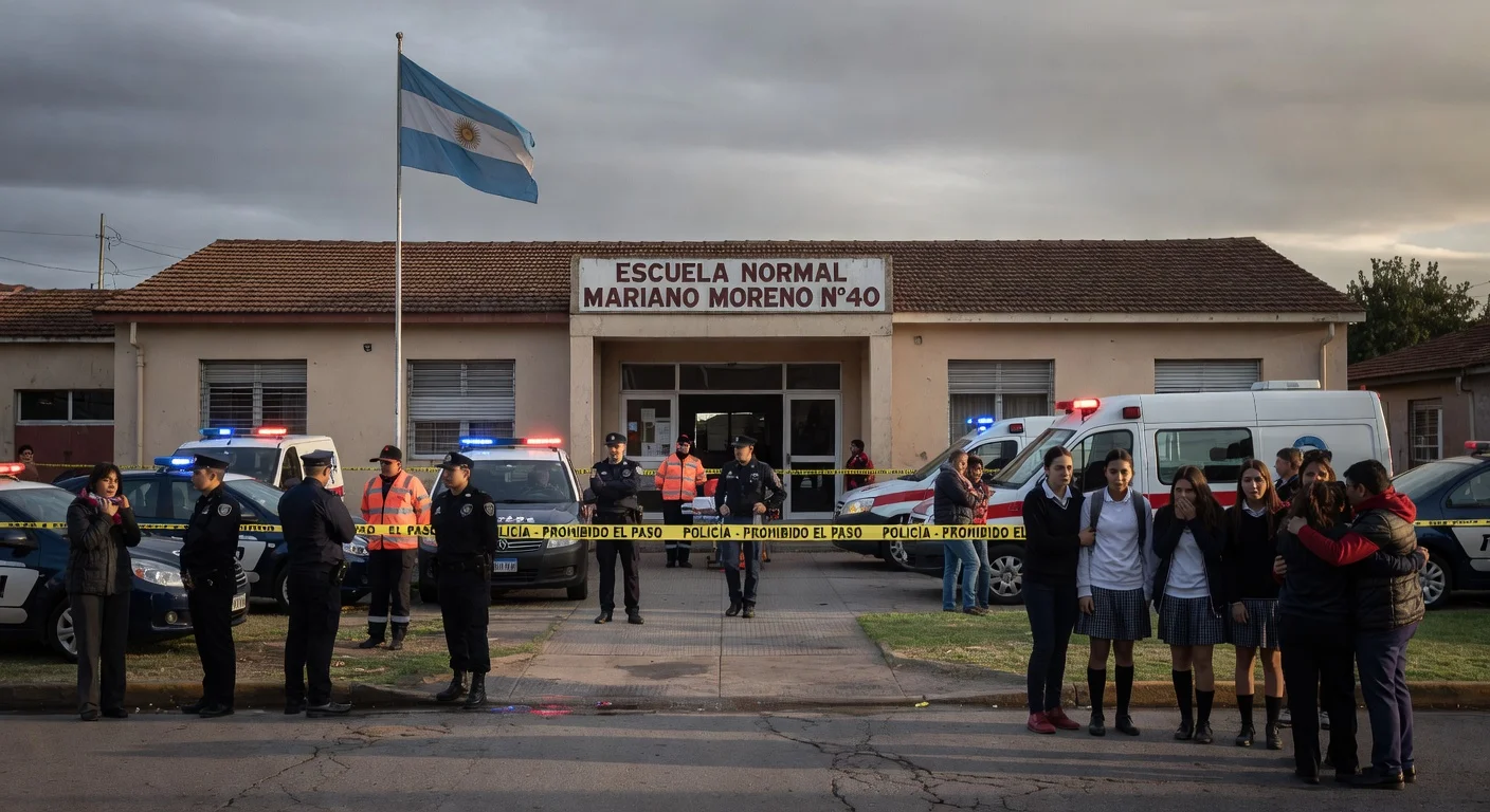 Illustration of school shooting aftermath: police and emergency vehicles outside Escuela Normal Mariano Moreno N°40, with mourning students and parents.