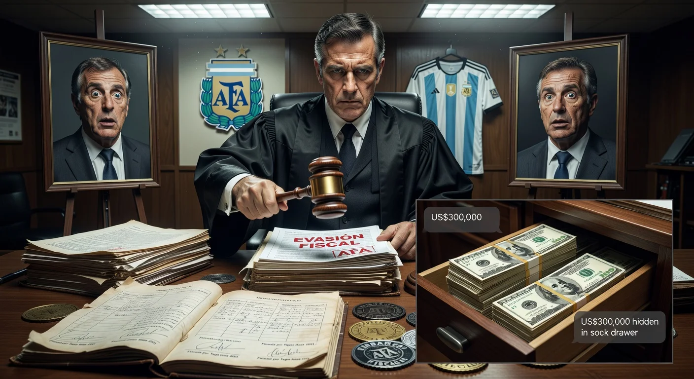 Dramatic courtroom illustration of AFA president Tapia and treasurer Toviggino facing tax evasion charges, featuring hidden cash in a sock drawer.