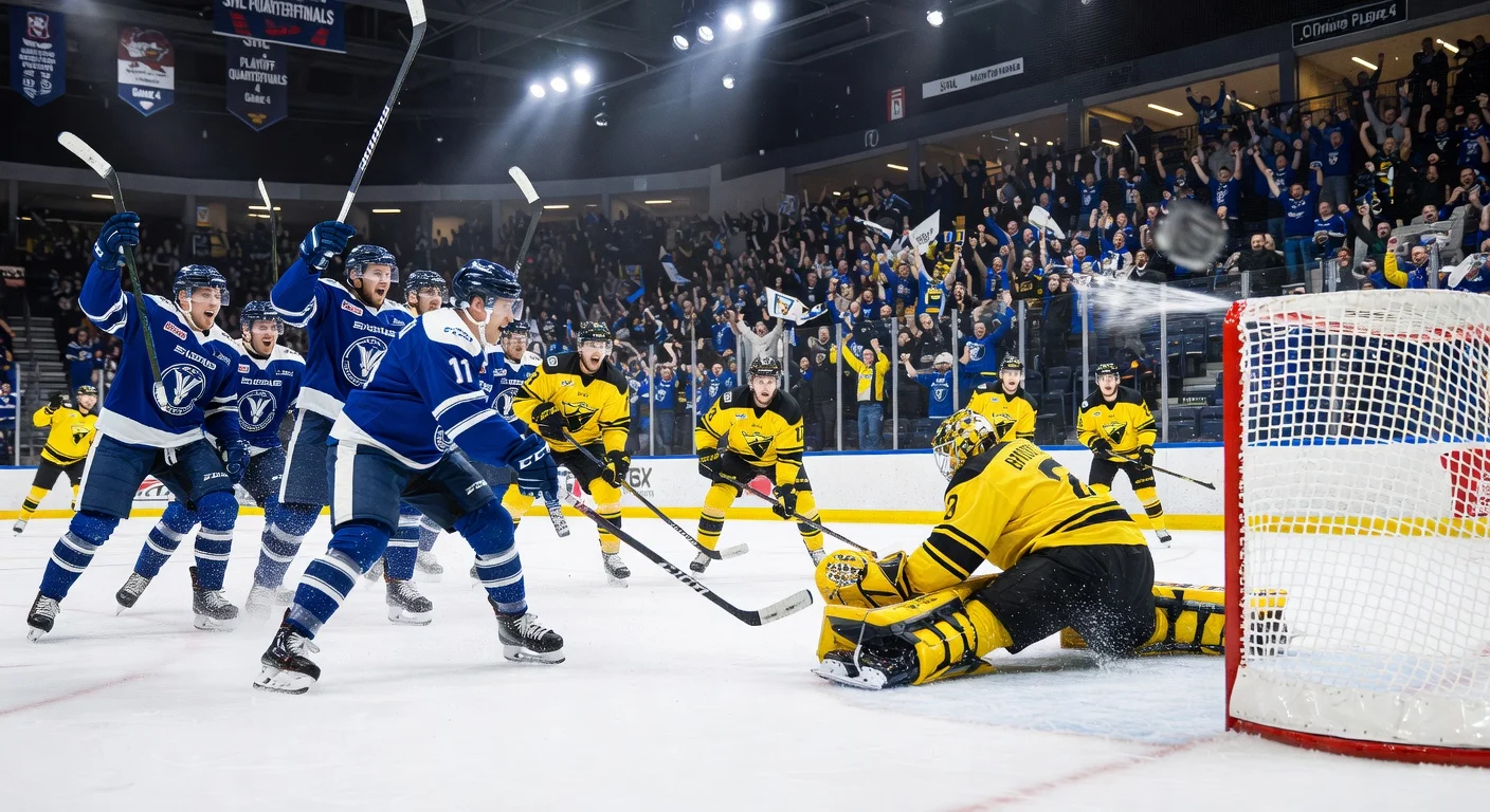 Växjö Lakers celebrate Brogan Rafferty's late power-play goal securing 3-2 win and 3-1 series lead over Brynäs IF in SHL playoffs.