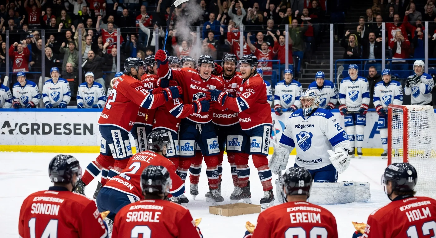 Rögle BK players celebrate 2-1 SHL playoff win over Färjestad with pizza superstition, Linus Sandin scores winner.
