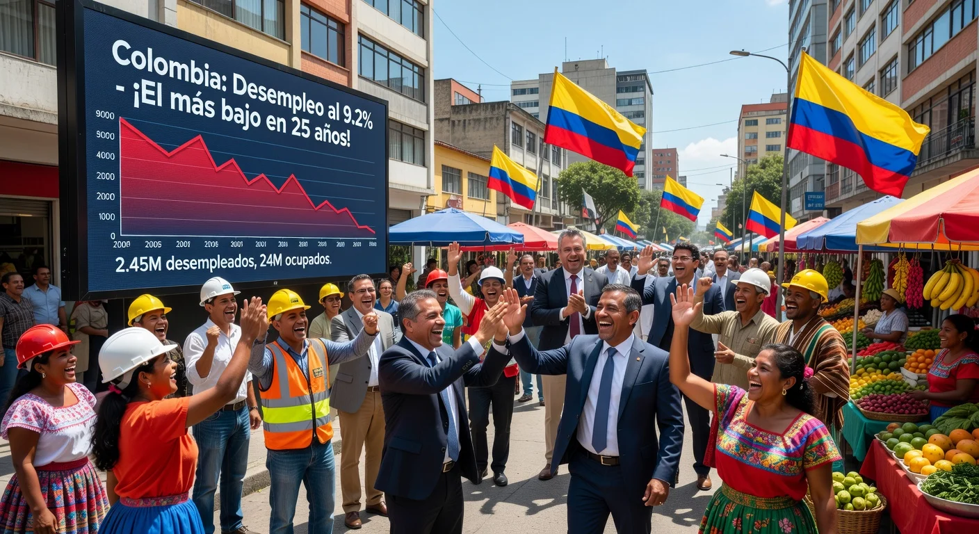 Happy Colombian workers in Bogotá celebrate unemployment rate dropping to 9.2%, lowest since 2001, with graph display and leaders applauding.
