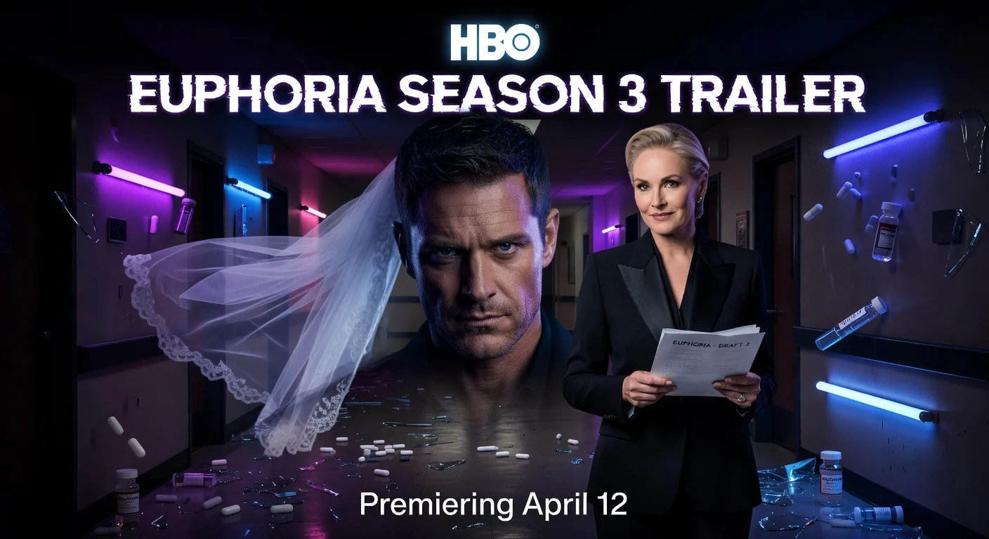 Dramatic photorealistic poster illustrating HBO Euphoria Season 3 trailer with Eric Dane as Cal Jacobs, Sharon Stone introduction, and teases of drug trafficking and wedding.