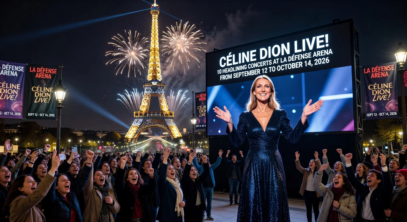Illustration depicting Céline Dion's announcement of 10 Paris concerts via video at a Trocadéro event with Eiffel Tower light show.
