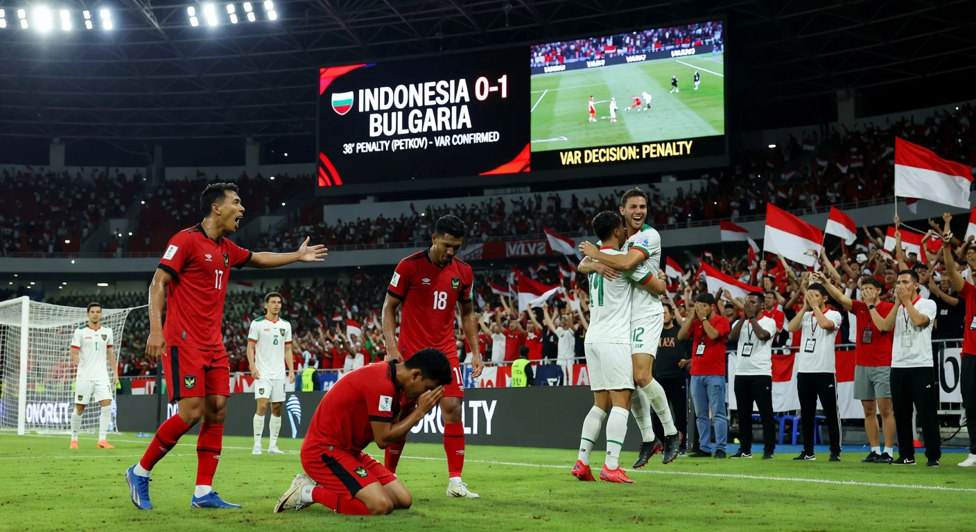 Dramatic scene from Indonesia's 0-1 defeat to Bulgaria in the FIFA Series 2026 final, showing dejected Indonesian players, celebrating Bulgarians, and packed Jakarta stadium.