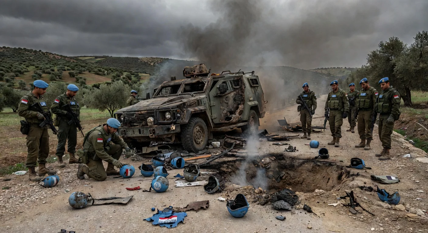 Illustration depicting wreckage from attacks on Indonesian UN peacekeepers in southern Lebanon.