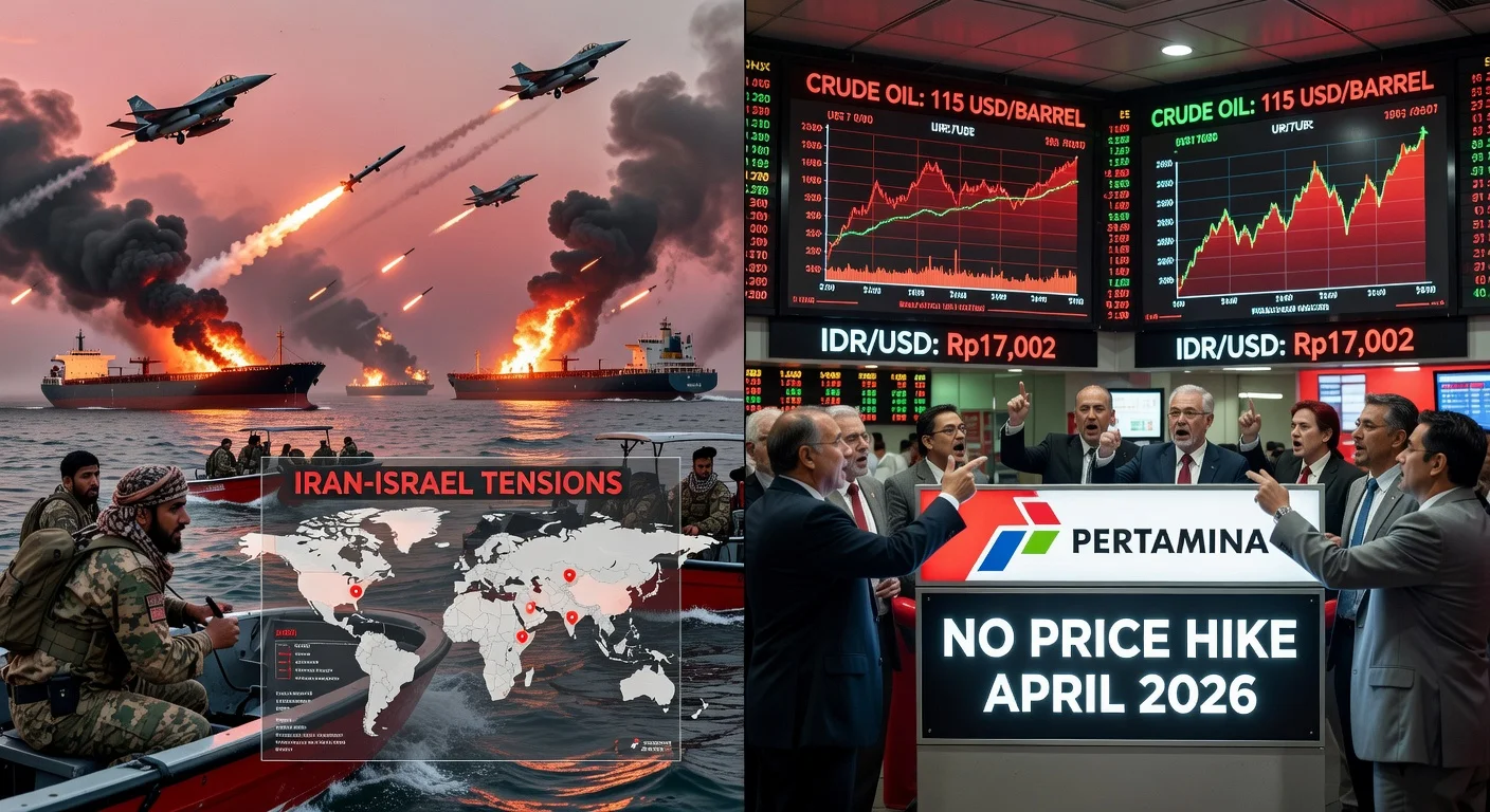 Illustration depicting surging oil prices over 115 USD due to Middle East conflict, with economic impacts on Indonesia including rupiah weakening.