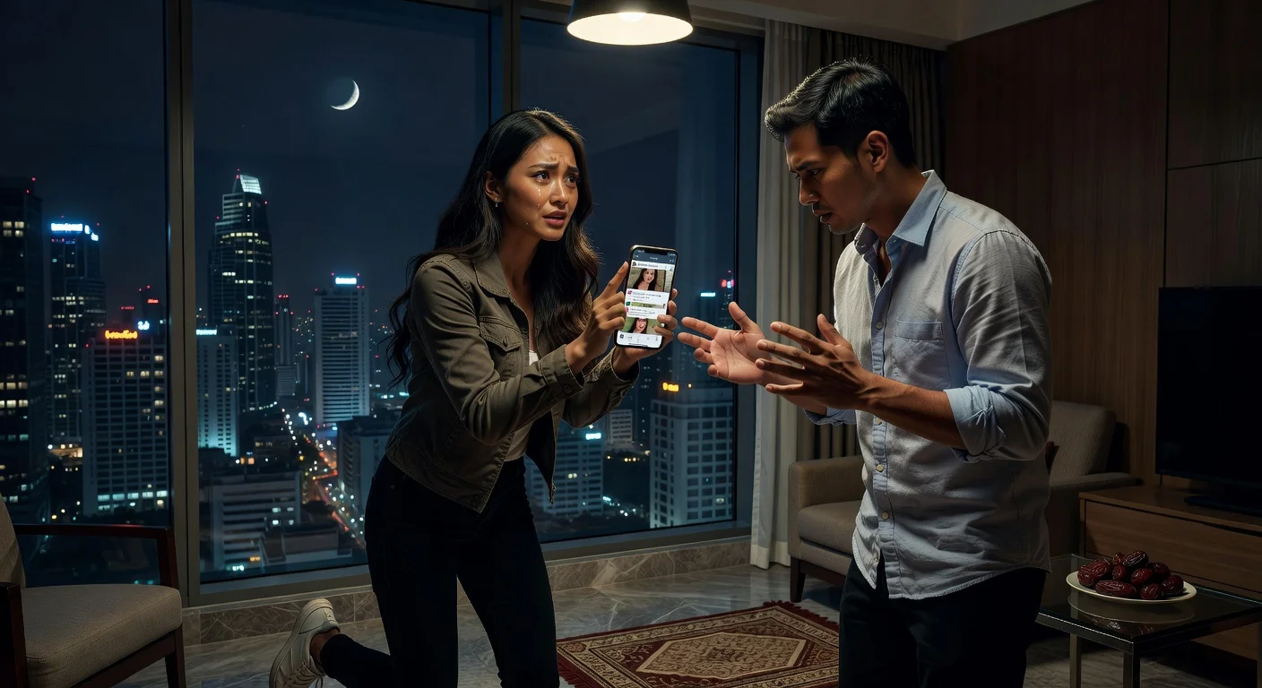 Illustration depicting Clara Shinta angrily confronting her husband over infidelity screenshots on his phone in a Bangkok hotel.