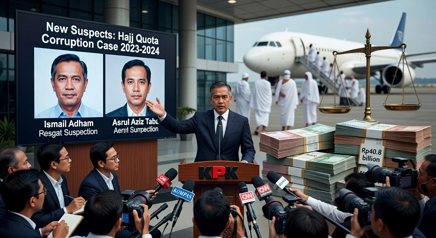KPK press conference announcing two new suspects in Indonesia's Hajj quota corruption scandal, featuring suspect photos, media, and symbolic corruption elements.