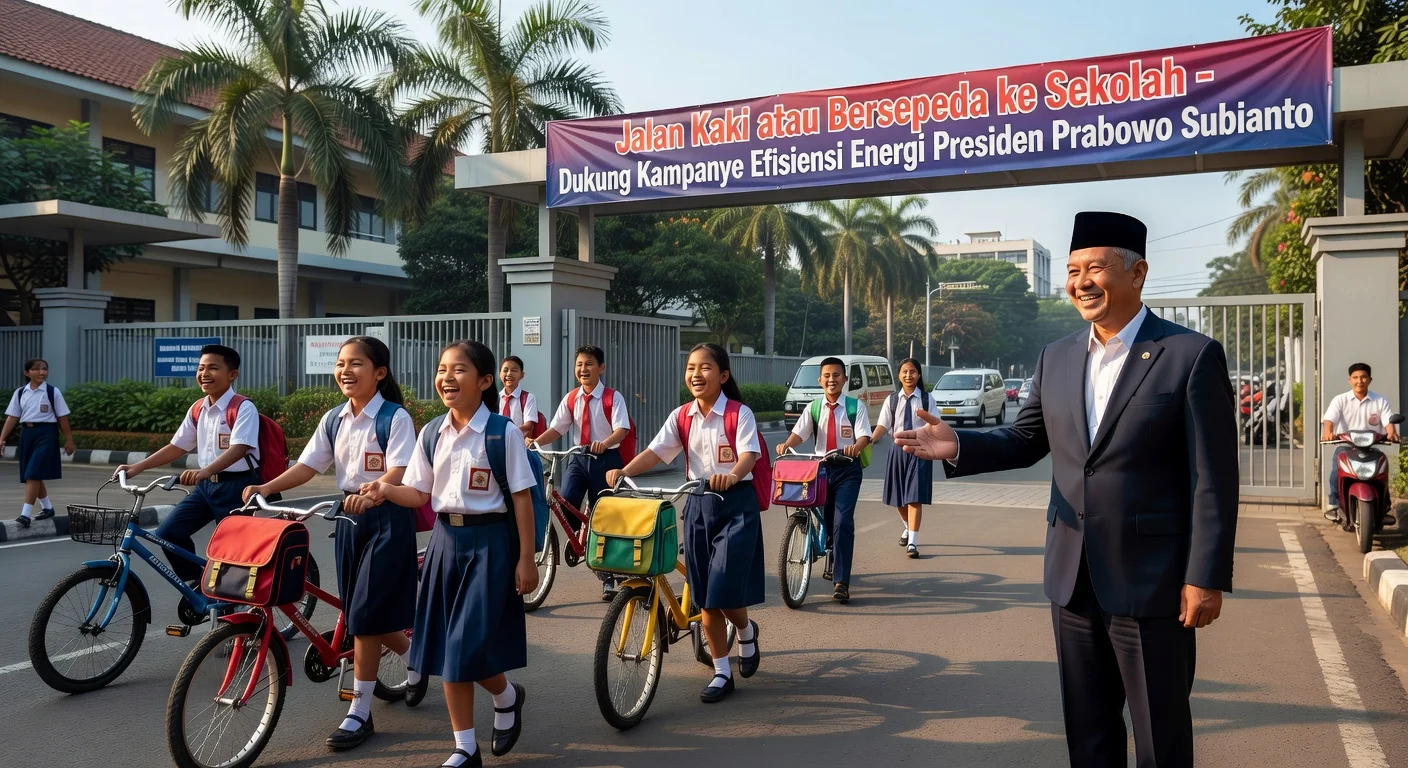 Indonesian students walking and biking to school, encouraged by Education Minister Abdul Mu'ti for energy efficiency.
