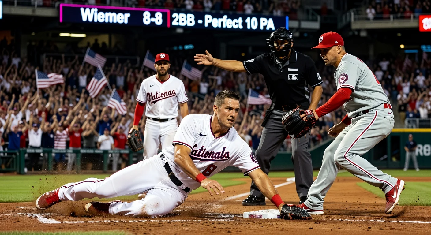 Washington Nationals' Joey Wiemer races to first base on a hit, tying MLB record with flawless start to 2026 season (10 perfect plate appearances).