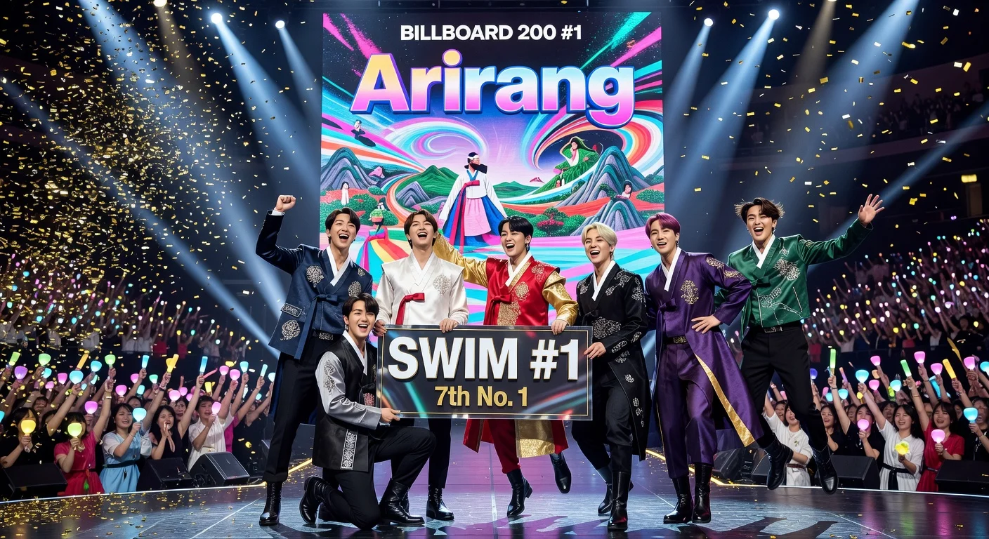 BTS celebrates seventh Billboard Hot 100 No. 1 with 'Swim' from album 'Arirang', confetti and fans in background.