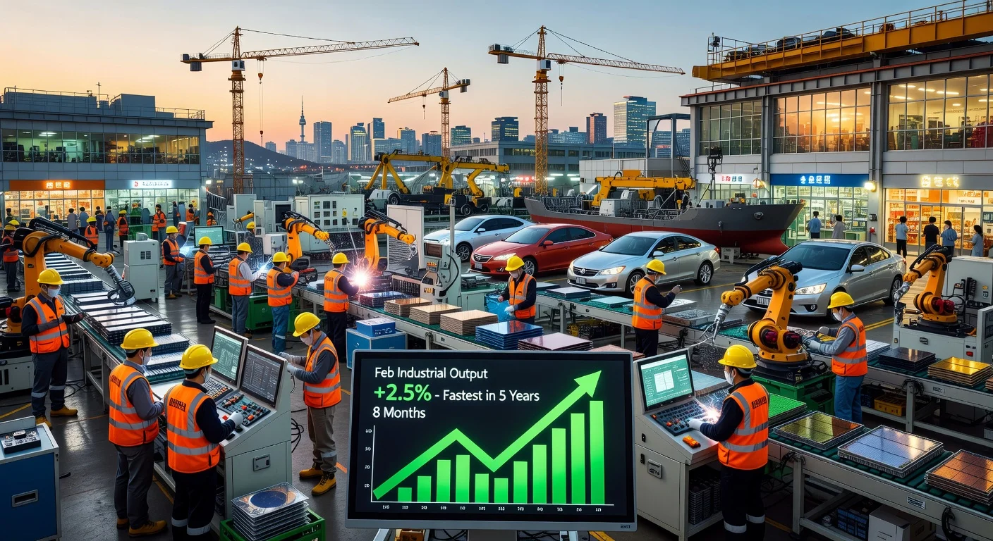 Vibrant illustration of South Korea's February industrial output surging 2.5%, fastest in over five years, with booming factories and rising investment graphs.