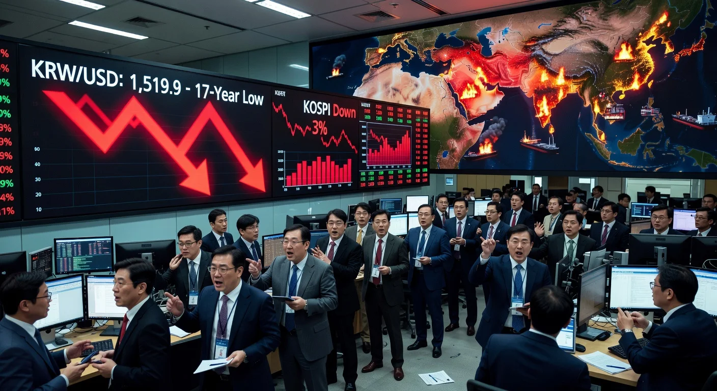 Seoul stock traders react with concern to the Korean won's 17-year low and KOSPI plunge amid Middle East conflict oil fears.