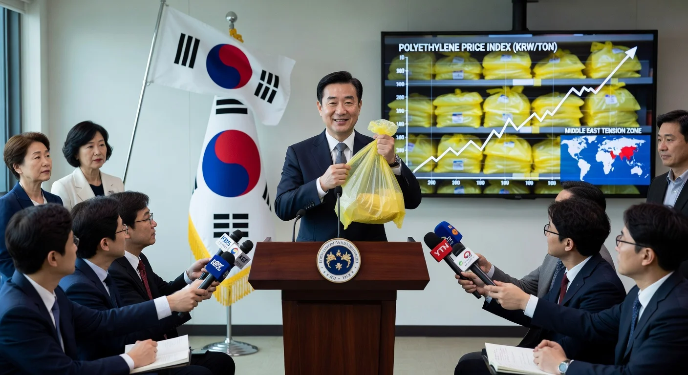 South Korean minister holds garbage bag at press conference, reassuring public on supplies amid Middle East crisis.