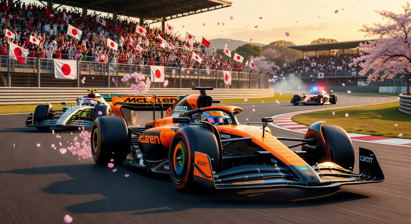 Oscar Piastri driving his McLaren to second place at the Japanese GP, with safety car in background.