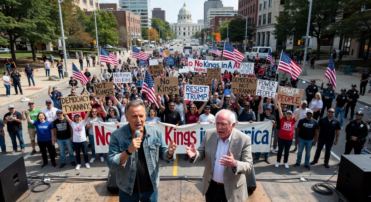 Massive 'No Kings' protest crowd of 200,000 in St. Paul, Minnesota, with speakers Bruce Springsteen and Bernie Sanders on stage, opposing Trump policies.