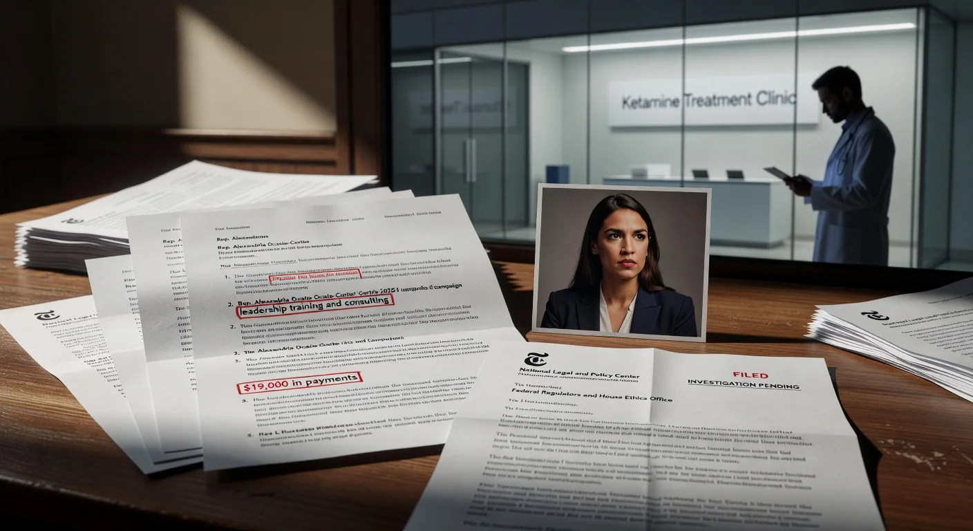 News illustration of watchdog complaint against Rep. Ocasio-Cortez over campaign payments labeled as leadership training, allegedly to a ketamine clinic psychiatrist.