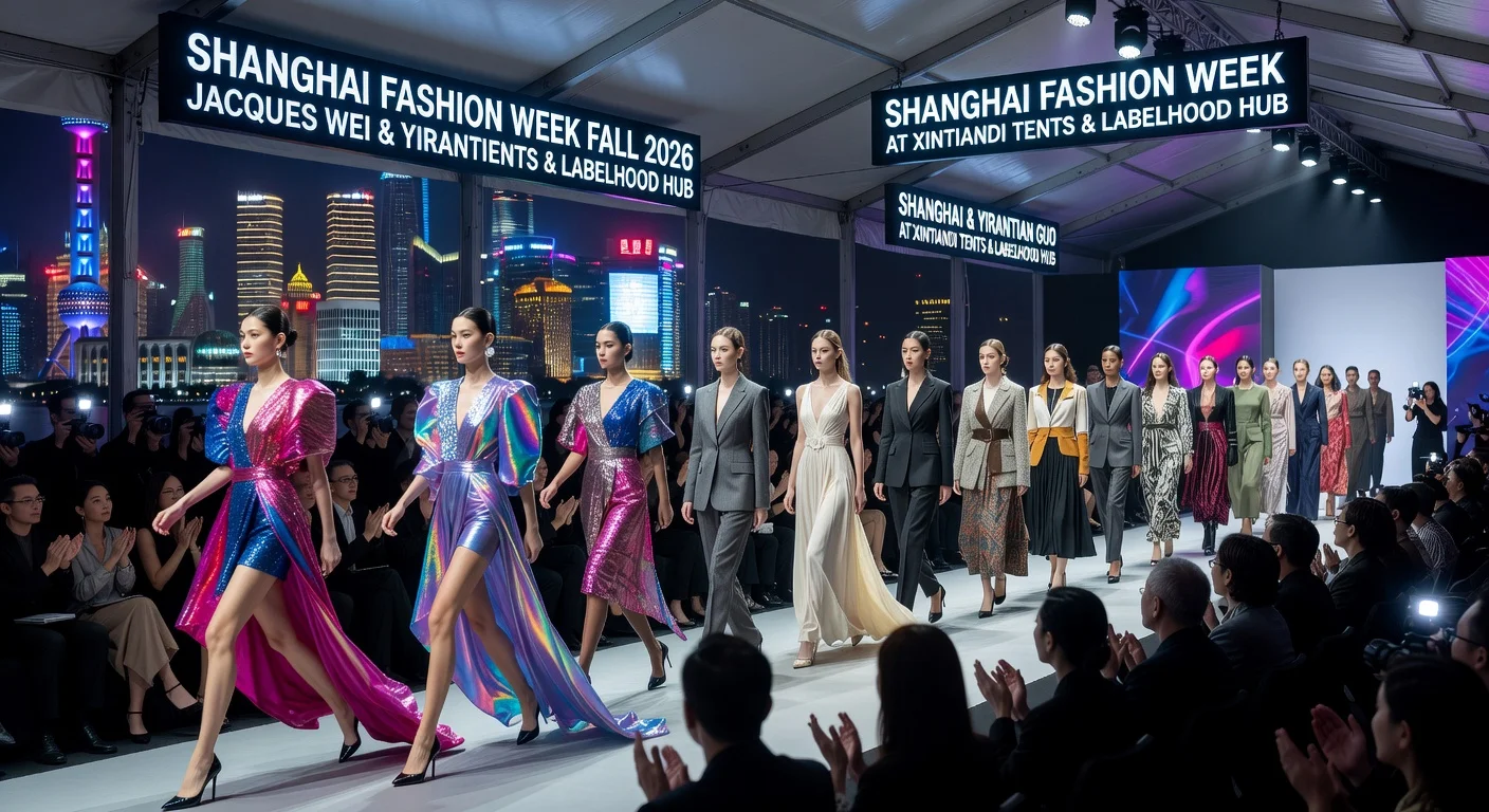 Runway models showcasing Jacques Wei and Yirantian Guo's innovative Fall 2026 womenswear collections at Shanghai Fashion Week.