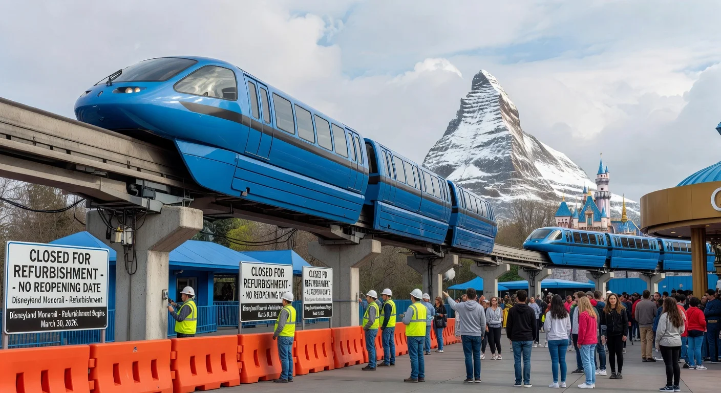 Disneyland Monorail shut down for maintenance in Tomorrowland, barriers up and workers on site amid visitor crowds.