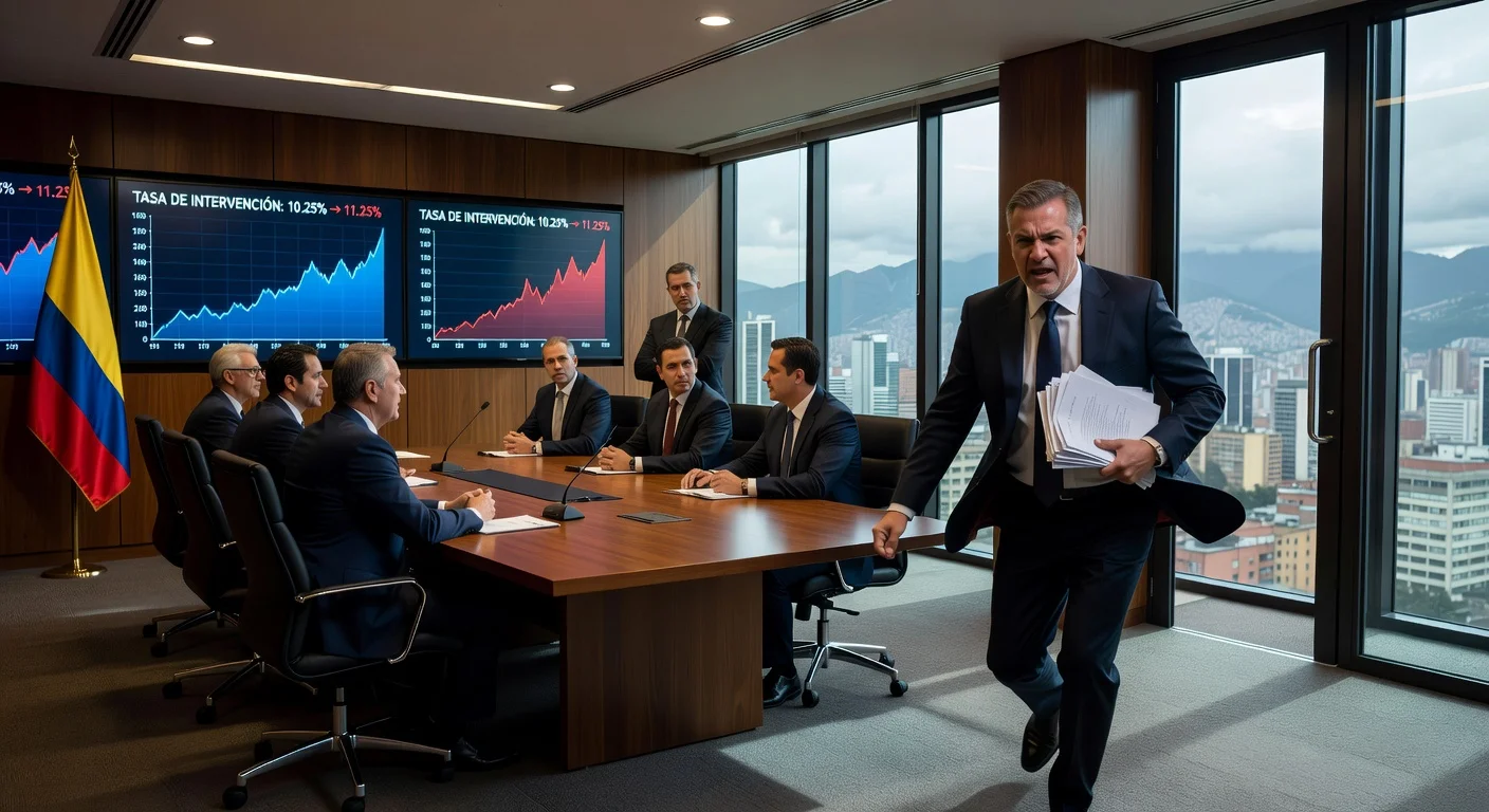 Dramatic illustration of Colombia's central bank boardroom tension as Finance Minister walks out amid 11.25% rate hike vote.