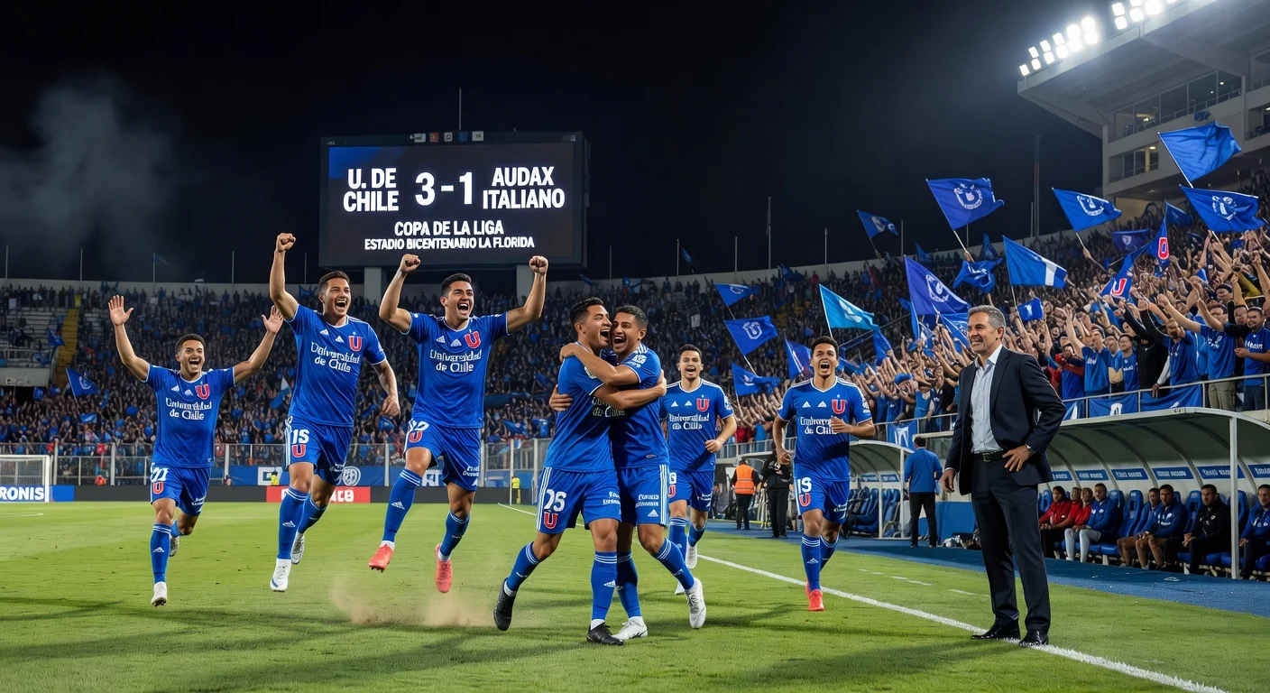 Universidad de Chile players celebrate 3-1 win over Audax Italiano in League Cup match at Estadio Bicentenario La Florida.