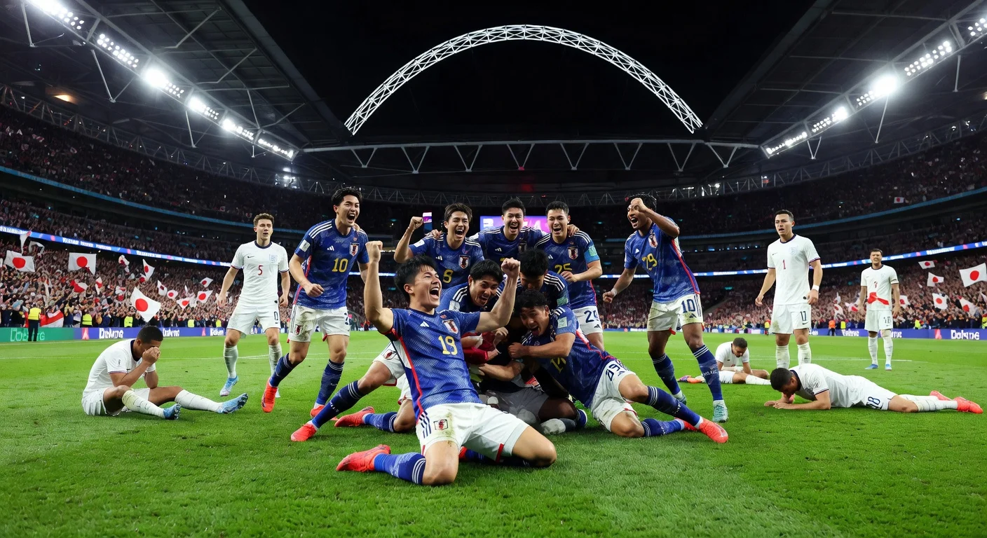 Kaoru Mitoma celebrates Japan's 1-0 win over England at Wembley Stadium, World Cup warm-up.
