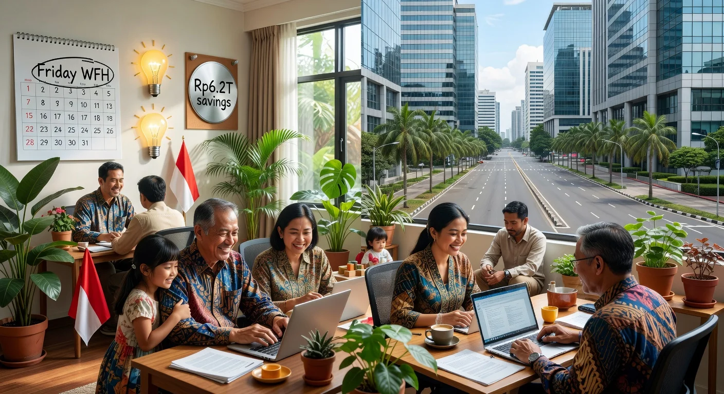 Indonesian civil servants working remotely from home on Fridays, contrasted with empty government offices, illustrating new WFH mandate for energy and budget savings.