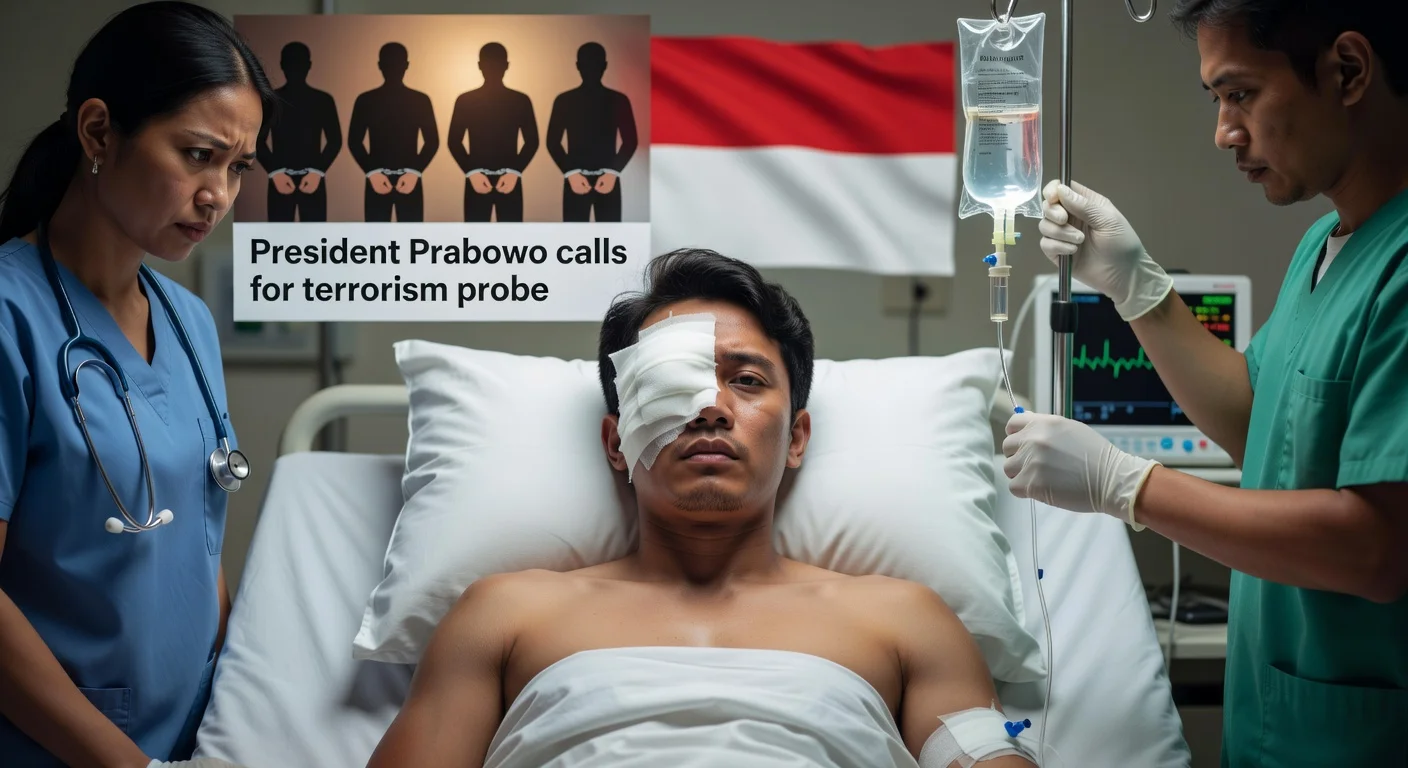 Andrie Yunus, acid attack survivor, with right eye bandaged after third surgery, in hospital surrounded by medical staff.