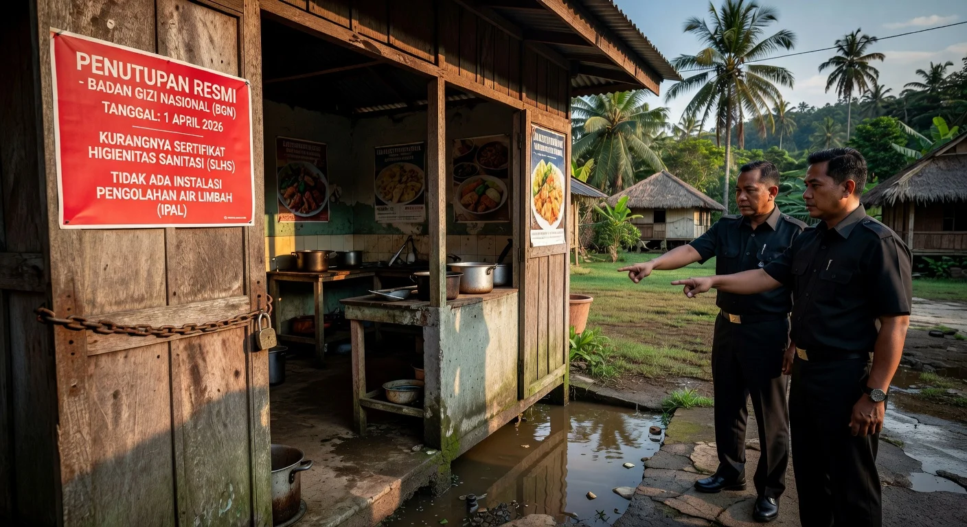 Illustration of a suspended MBG nutrition kitchen in eastern Indonesia, padlocked with BGN suspension notice for hygiene violations.
