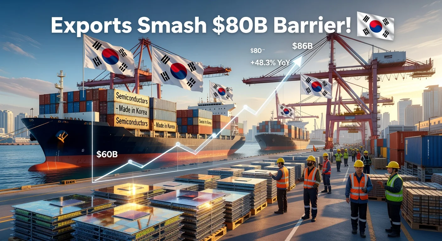Photorealistic depiction of South Korea's Busan port with cargo ships carrying semiconductors, overlaid graphs showing record $86.13 billion exports.