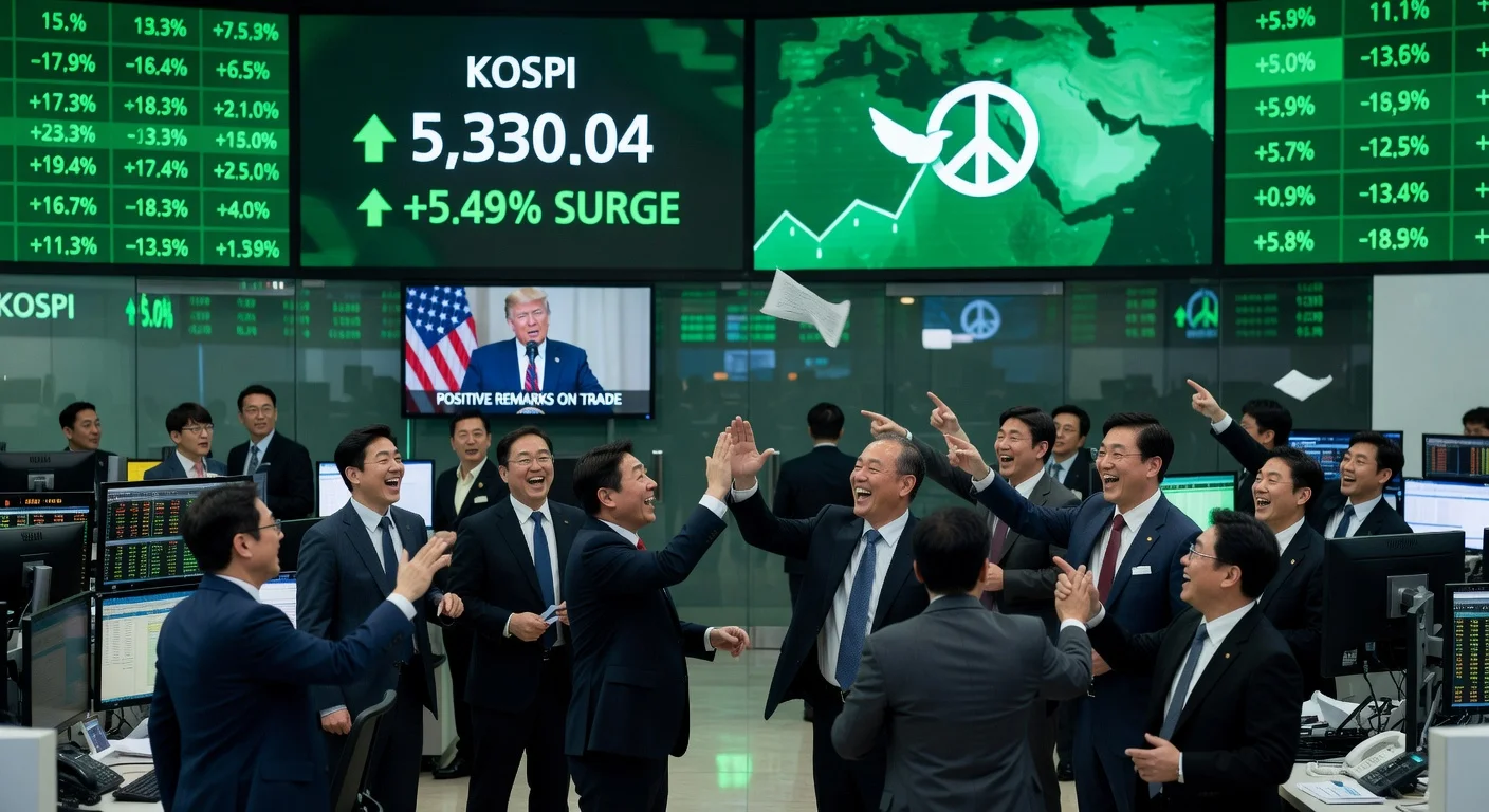 Seoul stock exchange traders celebrate KOSPI's sharp 5.49% surge to 5,330 amid Middle East peace hopes.