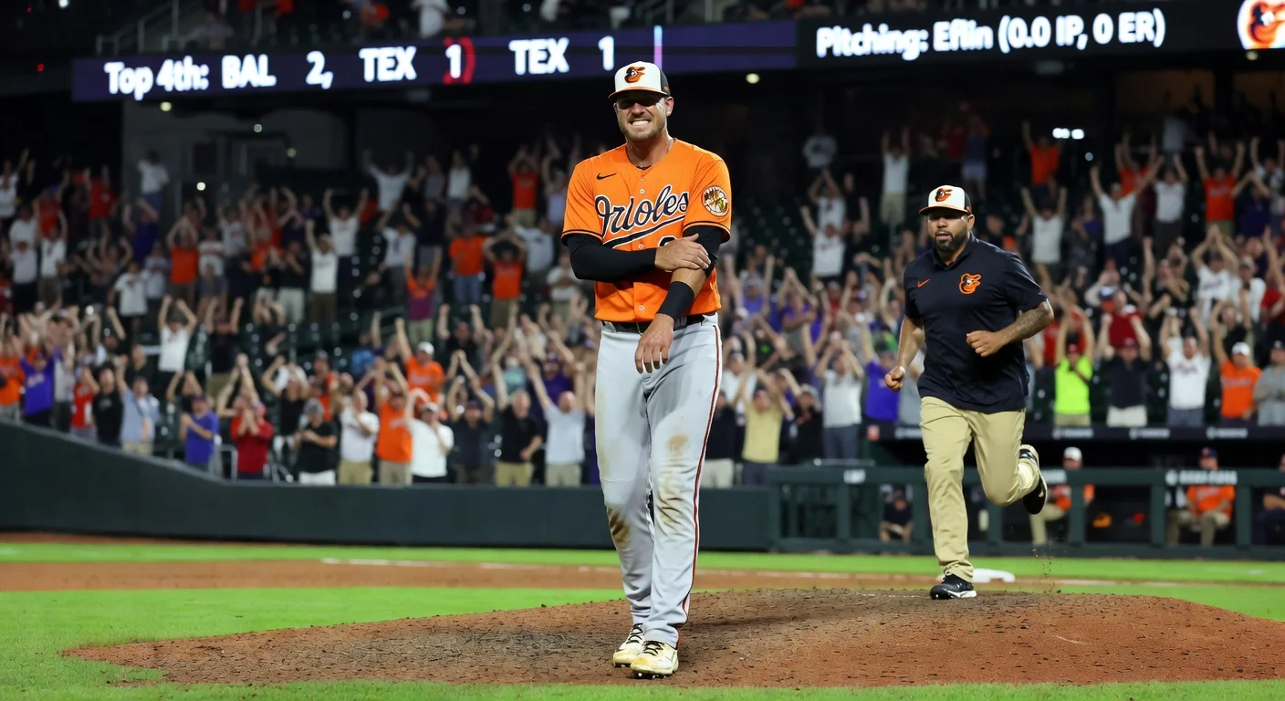 Orioles pitcher Zach Eflin exits mound early in debut, holding right elbow in discomfort vs. Rangers at Camden Yards.