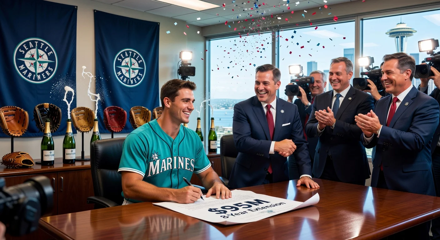 Seattle Mariners prospect Colt Emerson signs record $95 million pre-debut contract extension at press conference.