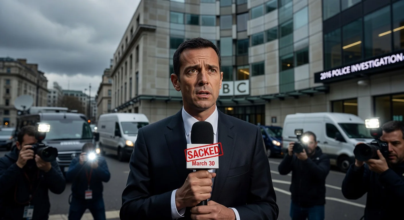 Realistic image of Scott Mills looking dejected outside BBC headquarters, holding a sacked-stamped microphone amid media frenzy.