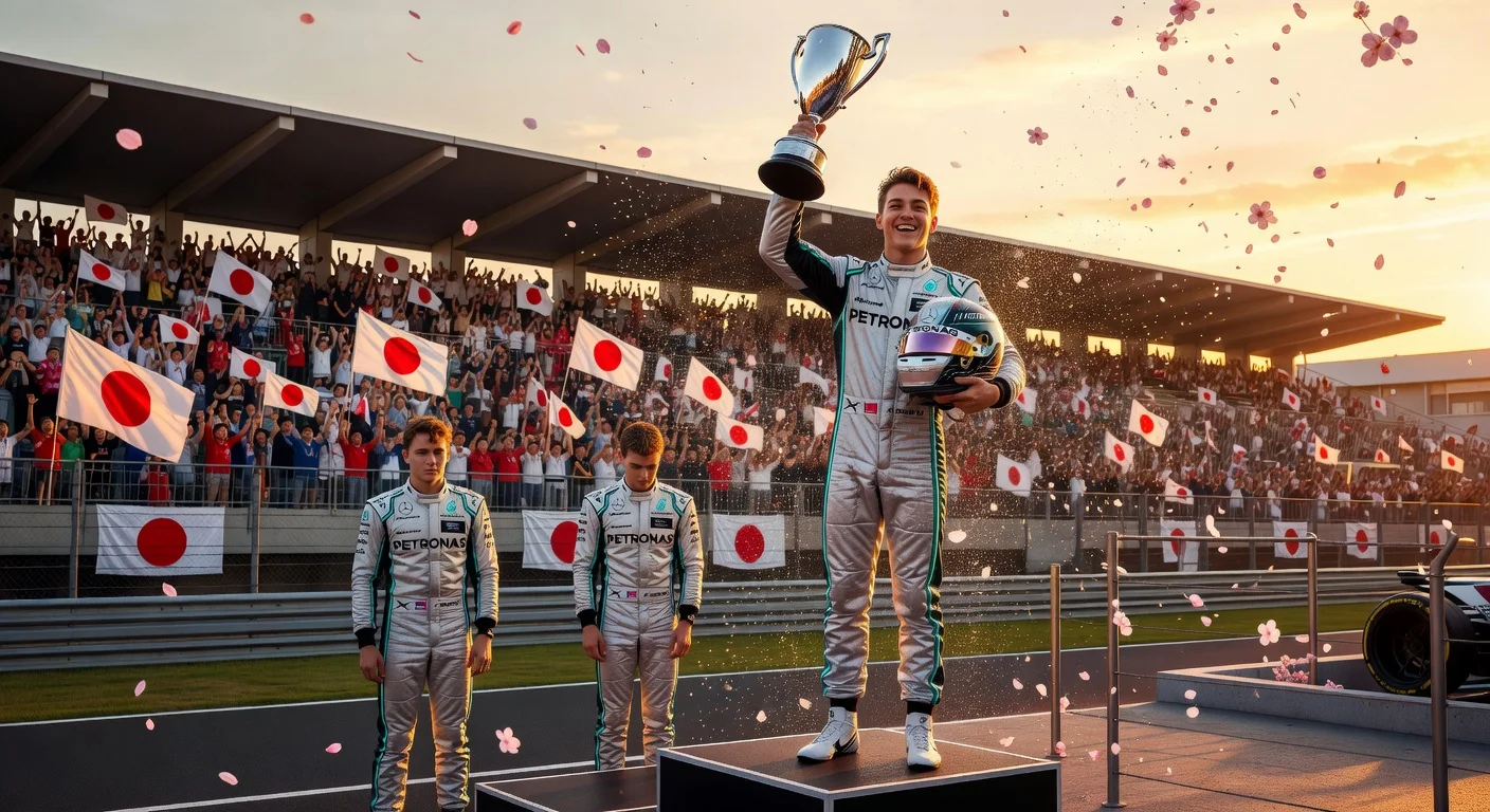Kimi Antonelli on the podium celebrating his 2026 Japanese GP win, becoming F1's youngest championship leader.