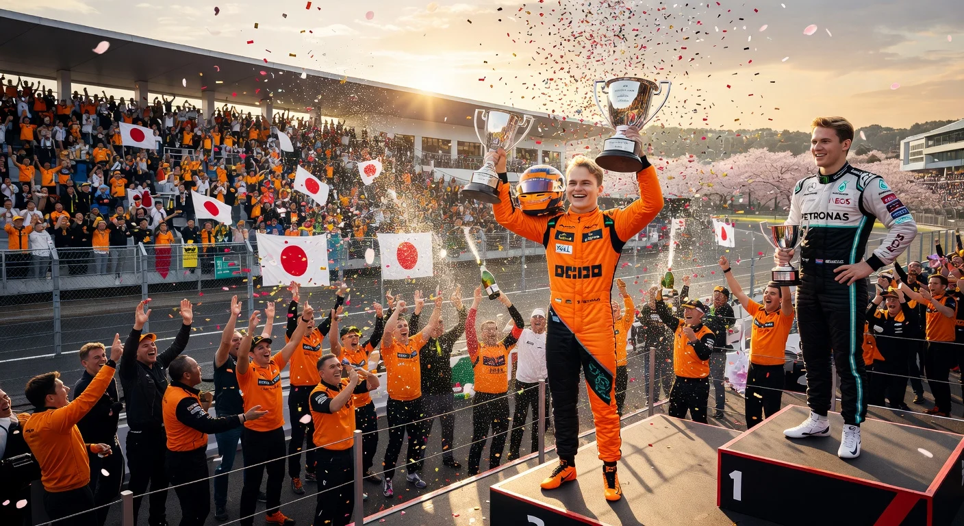 Oscar Piastri celebrates P2 podium finish at the 2026 Japanese Grand Prix.