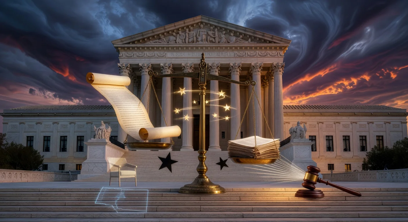 Symbolic illustration of the U.S. Supreme Court 8-1 ruling limiting Colorado's conversion therapy ban, featuring scales of justice and First Amendment elements.