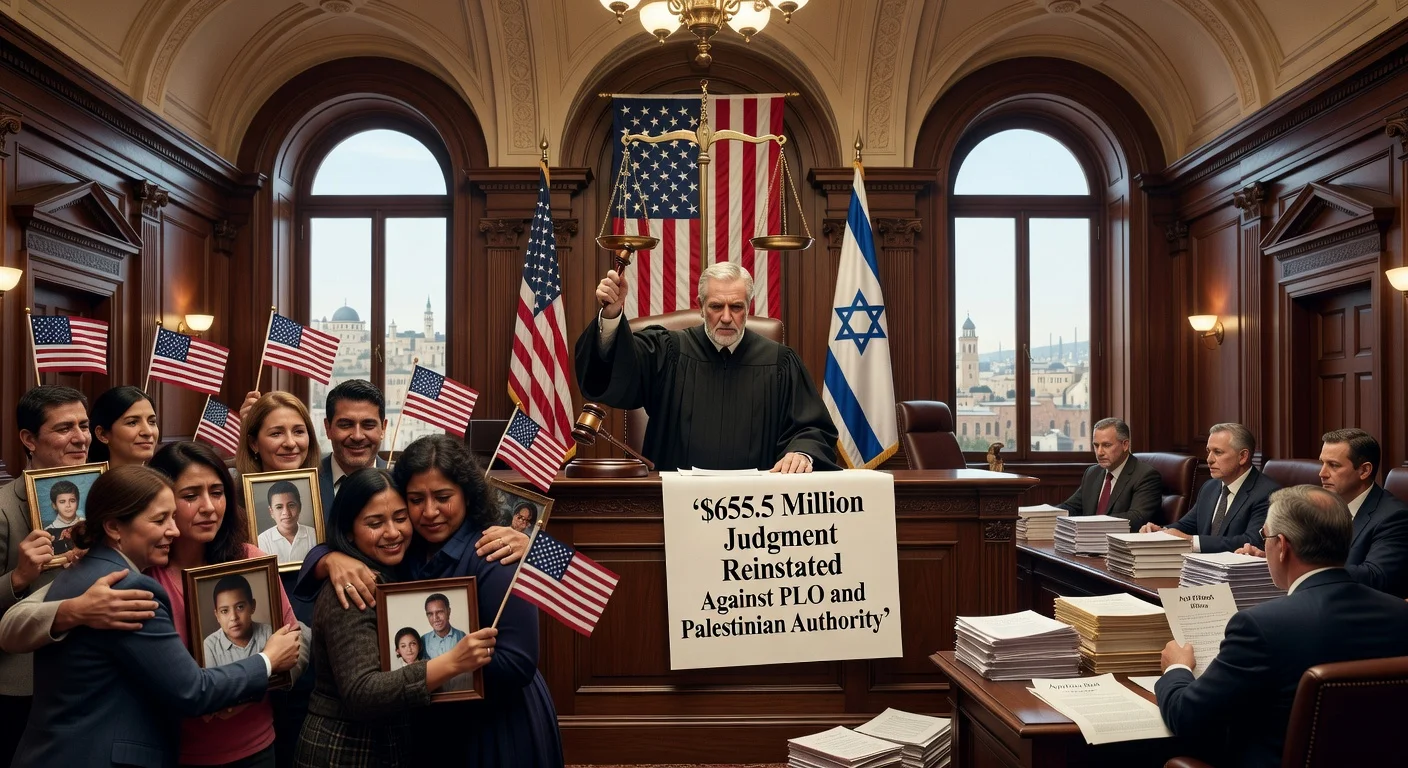Dramatic courtroom scene of U.S. Second Circuit reinstating $655.5M judgment against PLO/PA for American terror victims.