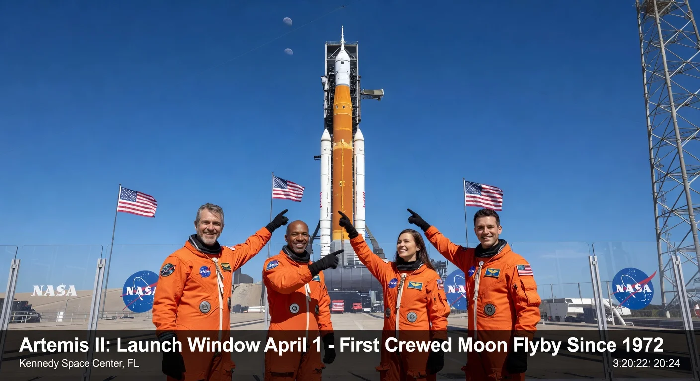 NASA Artemis II astronauts Reid Wiseman, Victor Glover, Christina Koch, and Jeremy Hansen in quarantine at Kennedy Space Center, with the SLS rocket returned to the pad ahead of the April 1 launch window.
