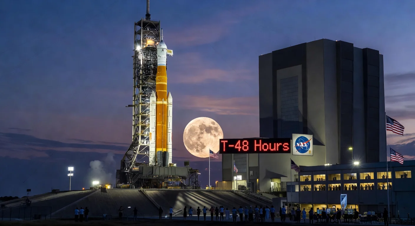 NASA's SLS rocket with Orion on Kennedy Space Center launch pad at dusk during Artemis II countdown, moon rising in background.