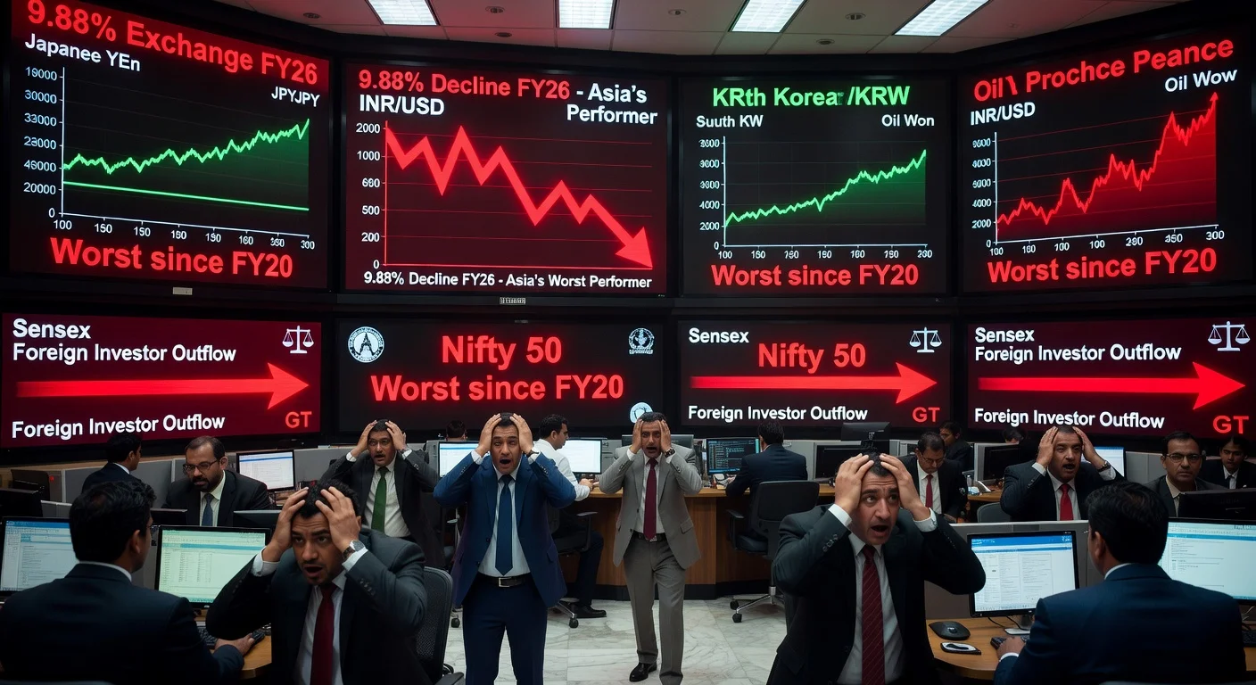Trading floor at Bombay Stock Exchange showing screens with Indian rupee's 9.9% FY26 decline, Asia's worst, amid oil surge and stock drops.