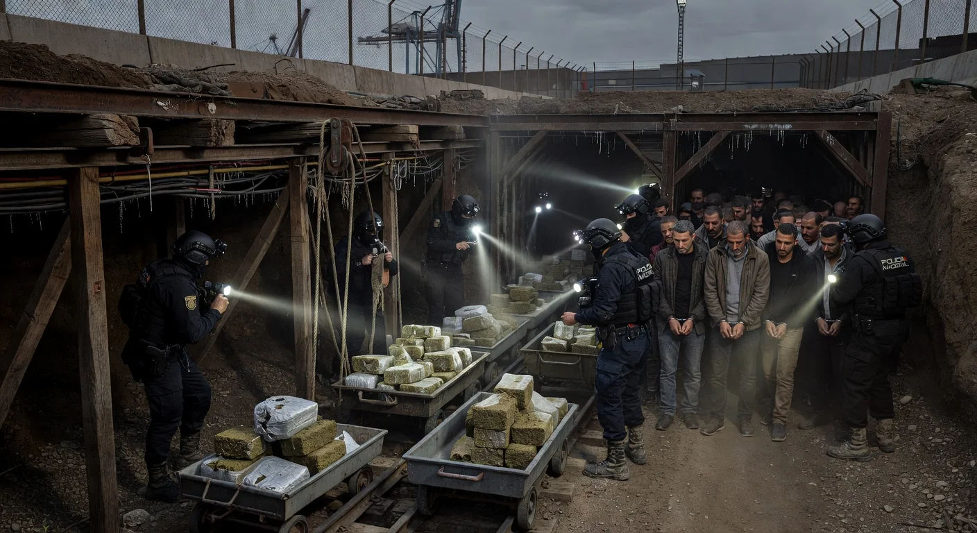 Police illustration of sophisticated multi-level drug tunnel discovery in Ceuta, with rails, wagons, and arrests.