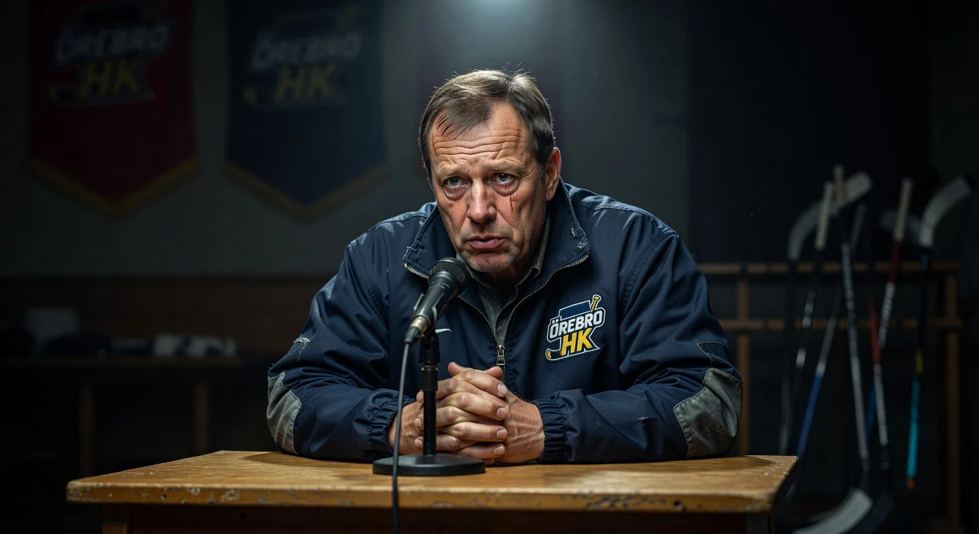 Örebro Hockey head coach Niklas Eriksson looks disappointed at a press conference after his dismissal.
