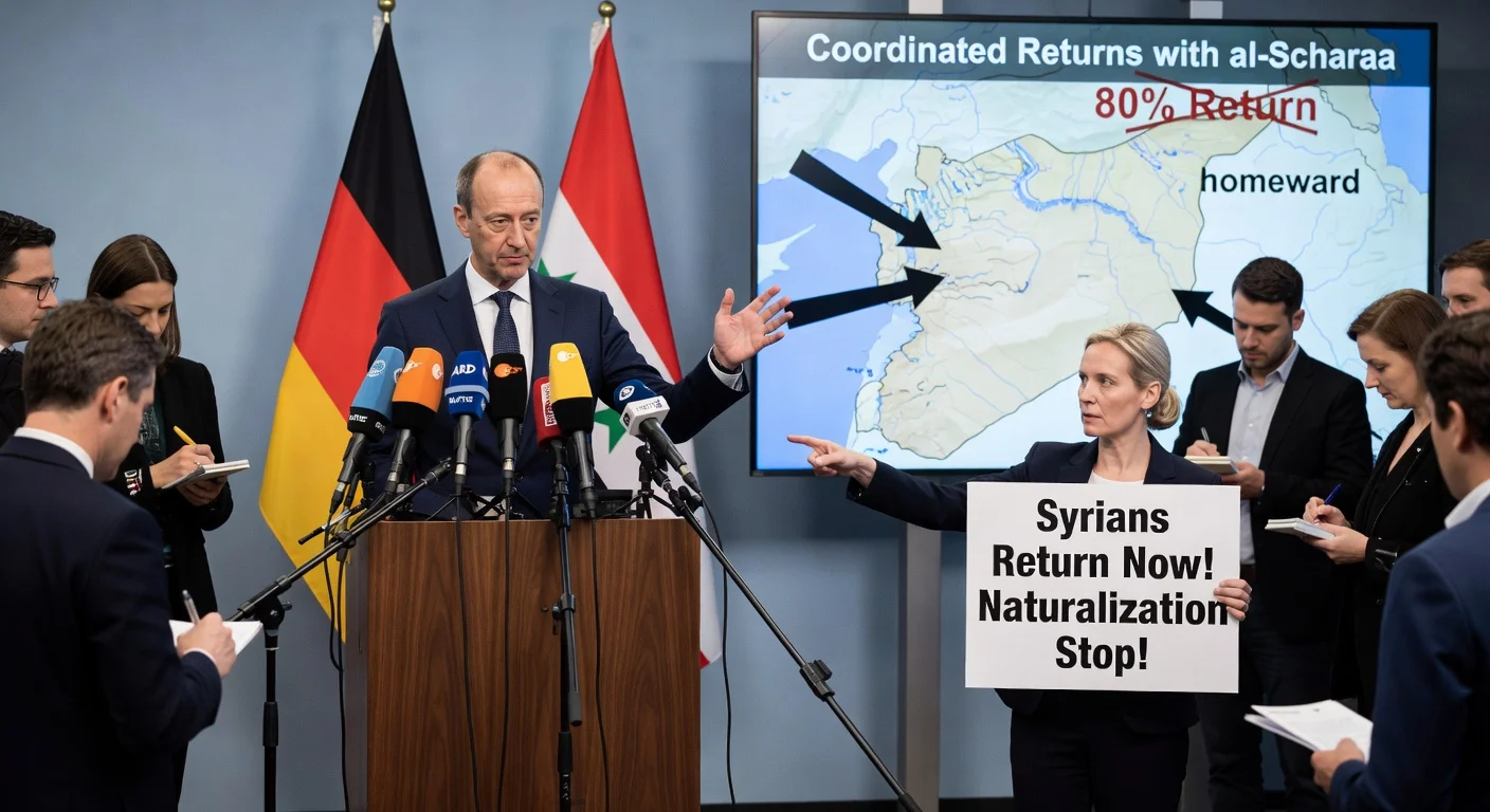 Chancellor Merz at press conference softening Syrian return policy stance as AfD's Weidel demands action.