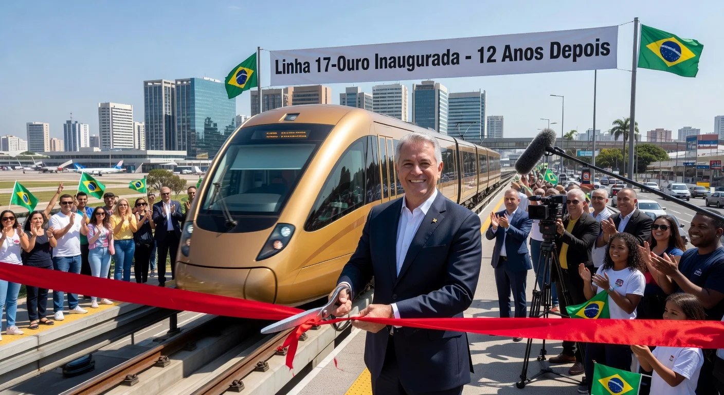 Illustration of Governor Tarcísio de Freitas cutting the ribbon at the opening of São Paulo's long-delayed Line 17-Ouro monorail to Congonhas Airport.