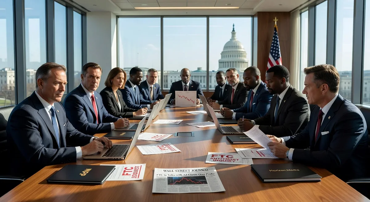 News illustration depicting FTC officials in settlement talks with major ad agency executives amid antitrust probe on ad placements steered from X platform.