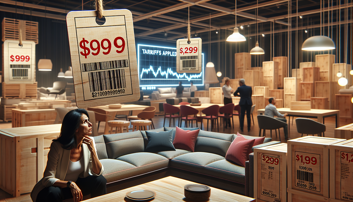 Photo illustration of a furniture store with rising price tags and tariff-impacted wood products, highlighting increased costs since 2020.